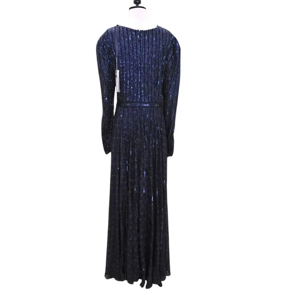 Mac Duggal 93679D Midnight Navy Blue Beaded Lace Long Sleeve Wrap Gown 18 Dress - Picture 10 of 12
